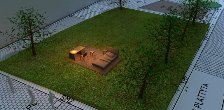 Skissbild uppifrån. Möblerna och den tända lampan står på en gräsmatta omringad av gångvägar. Mandana Moghaddam, Vinden bär oss med sig
