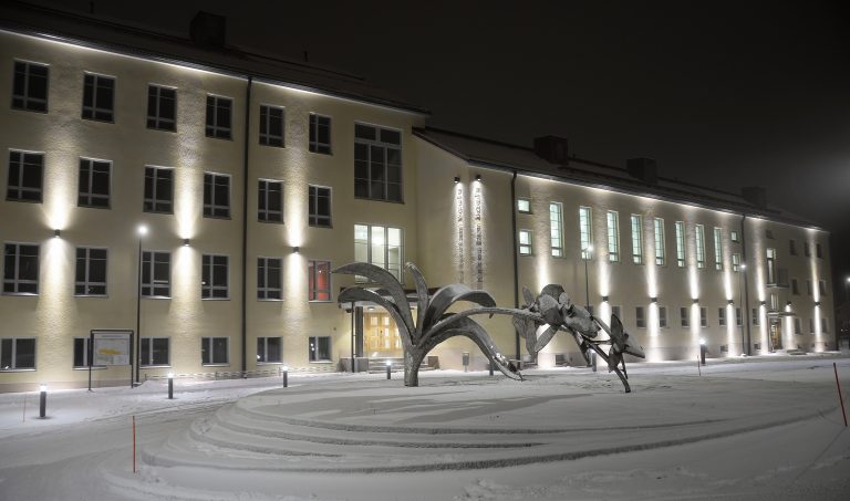 Nattbild av skulptur utomhus täckt av snö framför en upplyst byggnad.