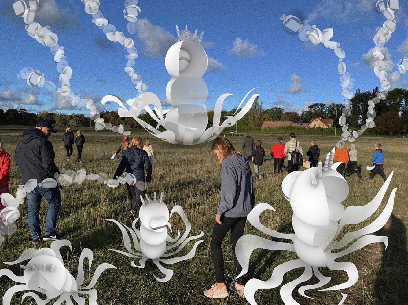 Personer går på en äng tillsammans med vita fantasiinvånare i området.