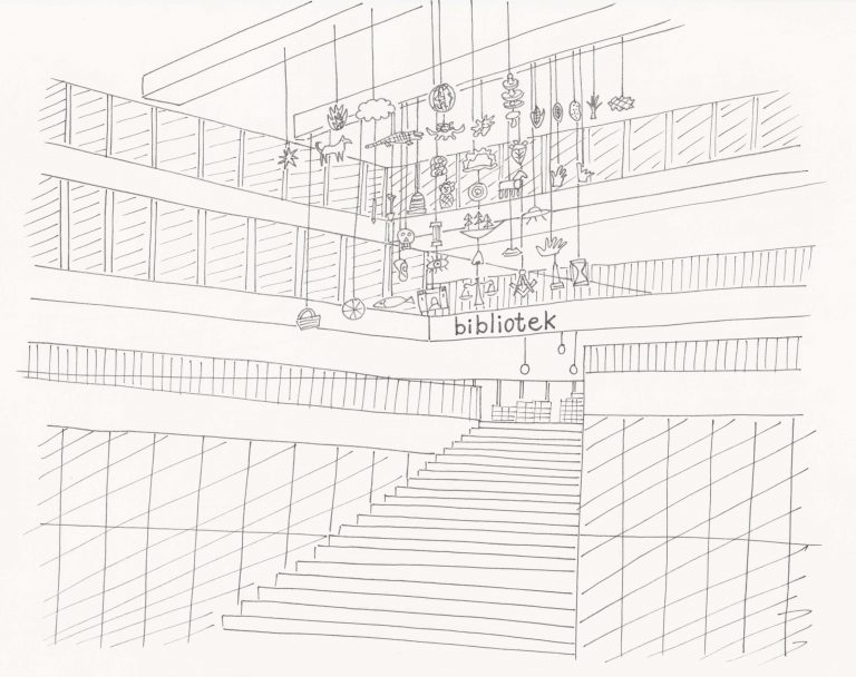 Svartvit illustration av bred trappa i en offentlig byggnad. I taket hänger en mobil på olika objekt.