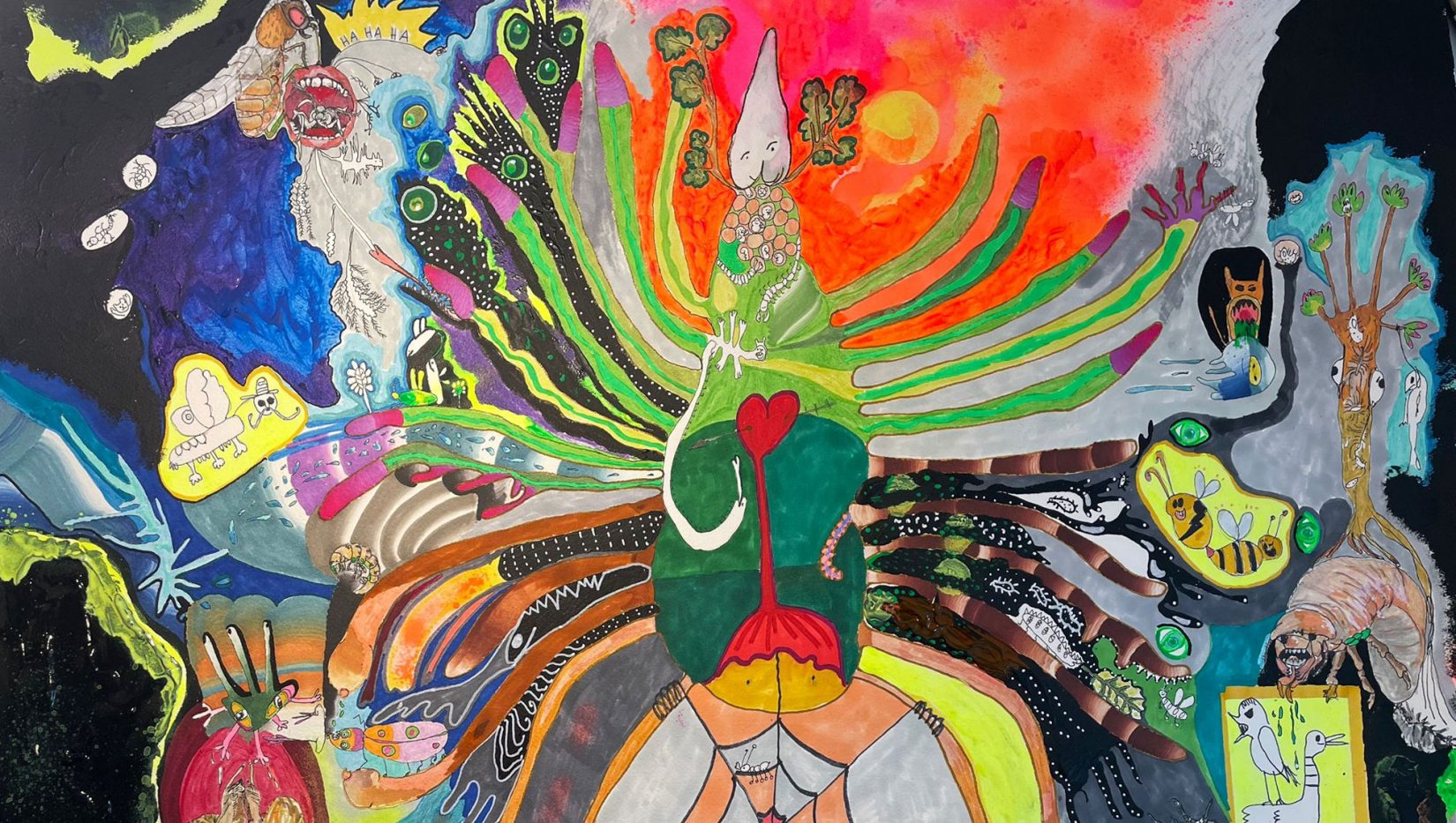 En teckning med olika insekter och djur i starka färger.