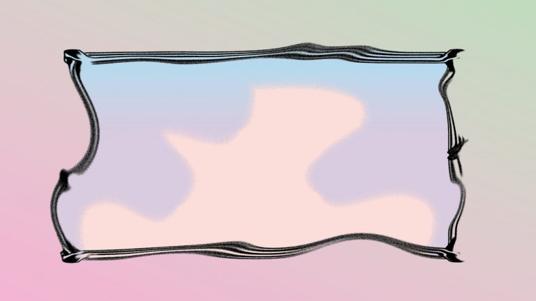 Bild på ett en ram och en abstrakt stig i ljus rosa och blått.
