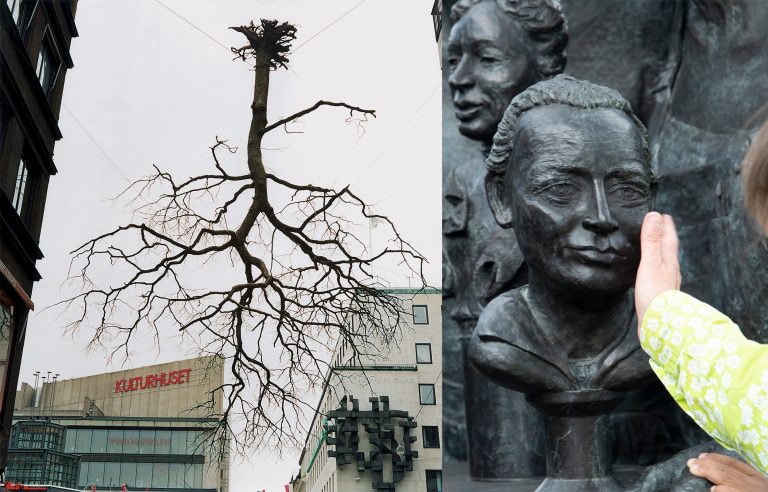 Ett uppochnedvänt träd samt ett barn som smeker kinden av en staty.