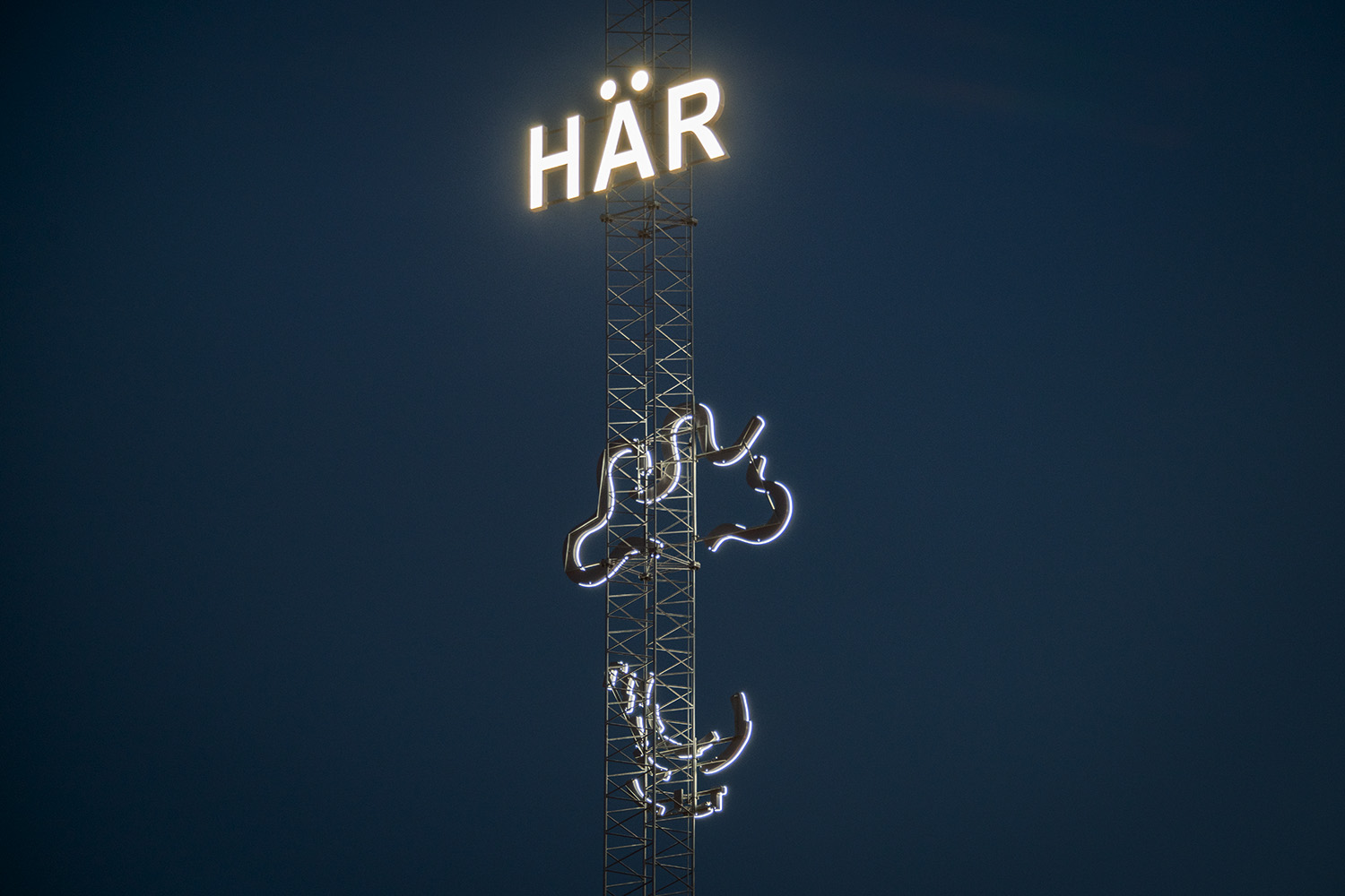 Skylt som lyser mot natthimlen.