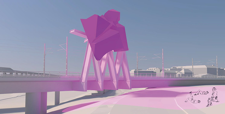 Den rosa meteoriten och det rosa partiet av räcket. Katharina Grosse, Idéförslaget bLINK