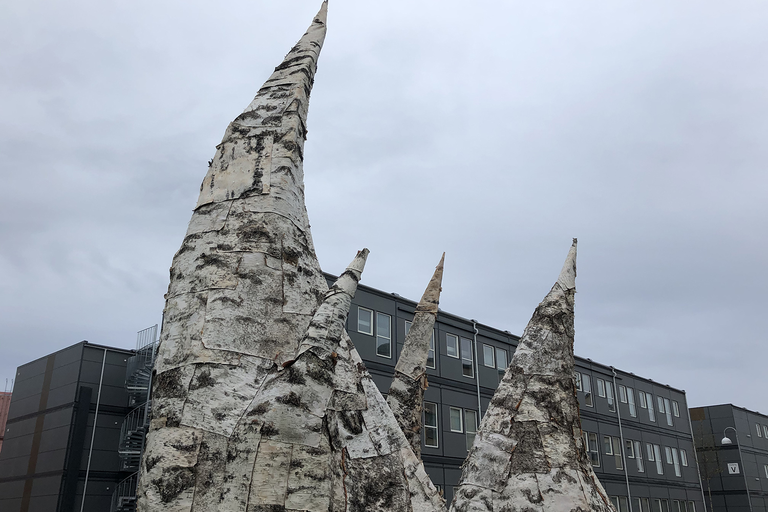 Sculptures made out of birch bark on a green lawn. There's a low building in the background.