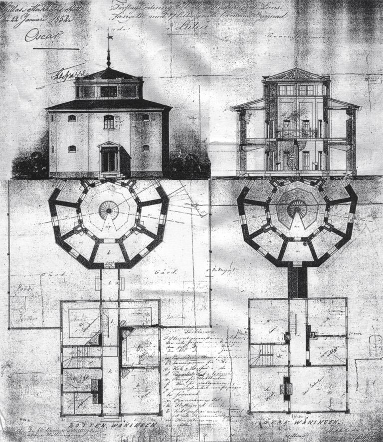 Gammaldags skiss av ett hus.