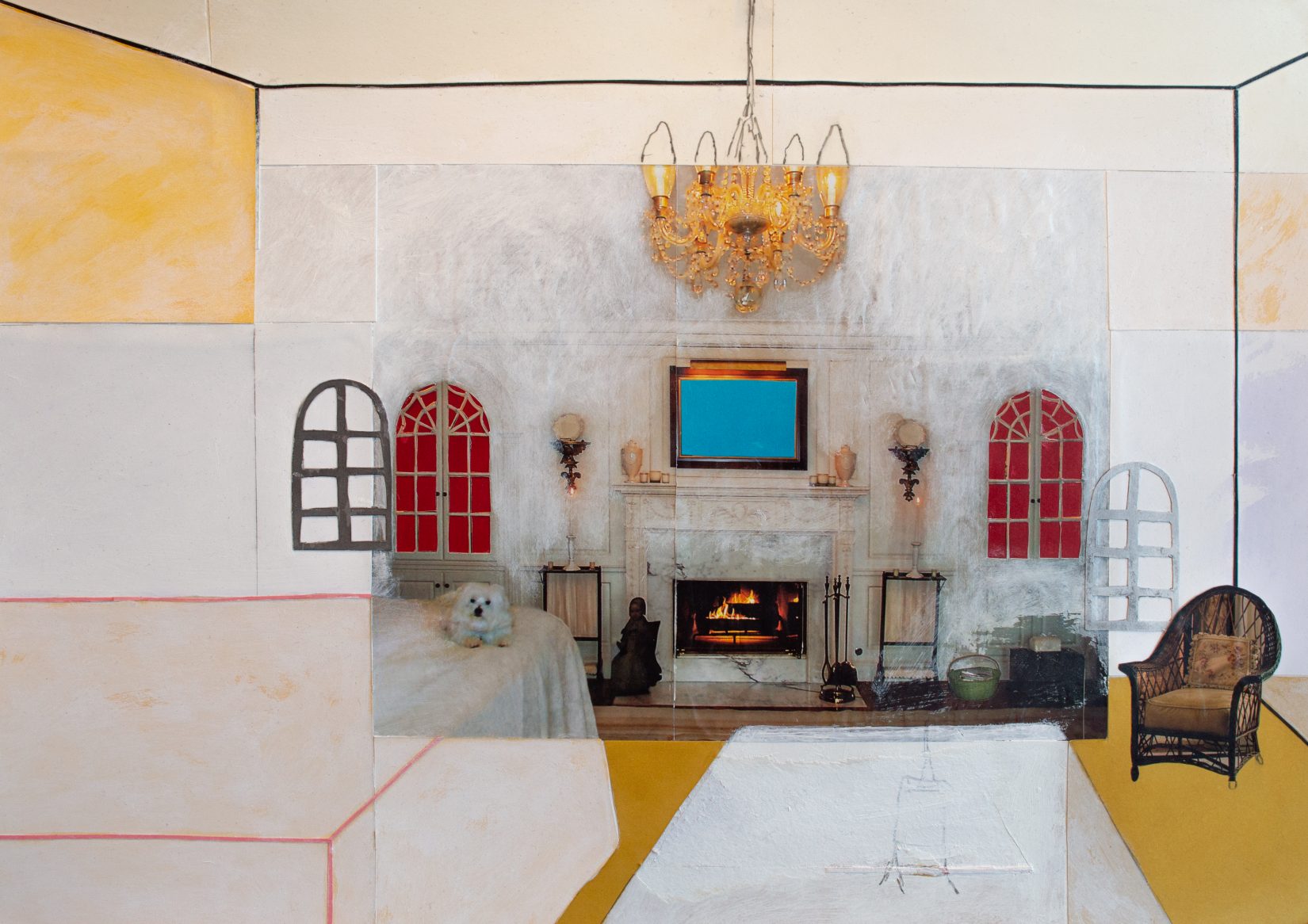 Ett sovrum med hund och öppen spis i tjusig stil