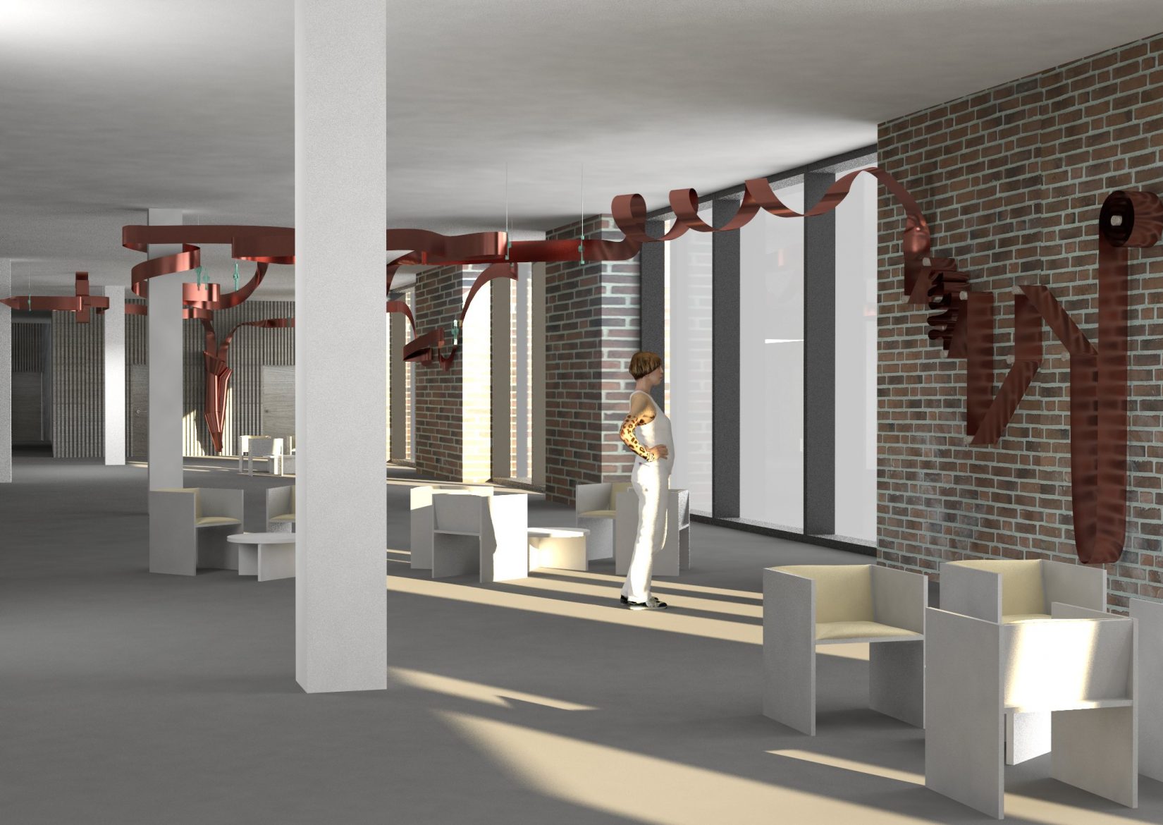 En visualisering av ett rum. En pilar i mitten av rummet. Längs väggen finns ett ringlande bronsfärgat konstverk.