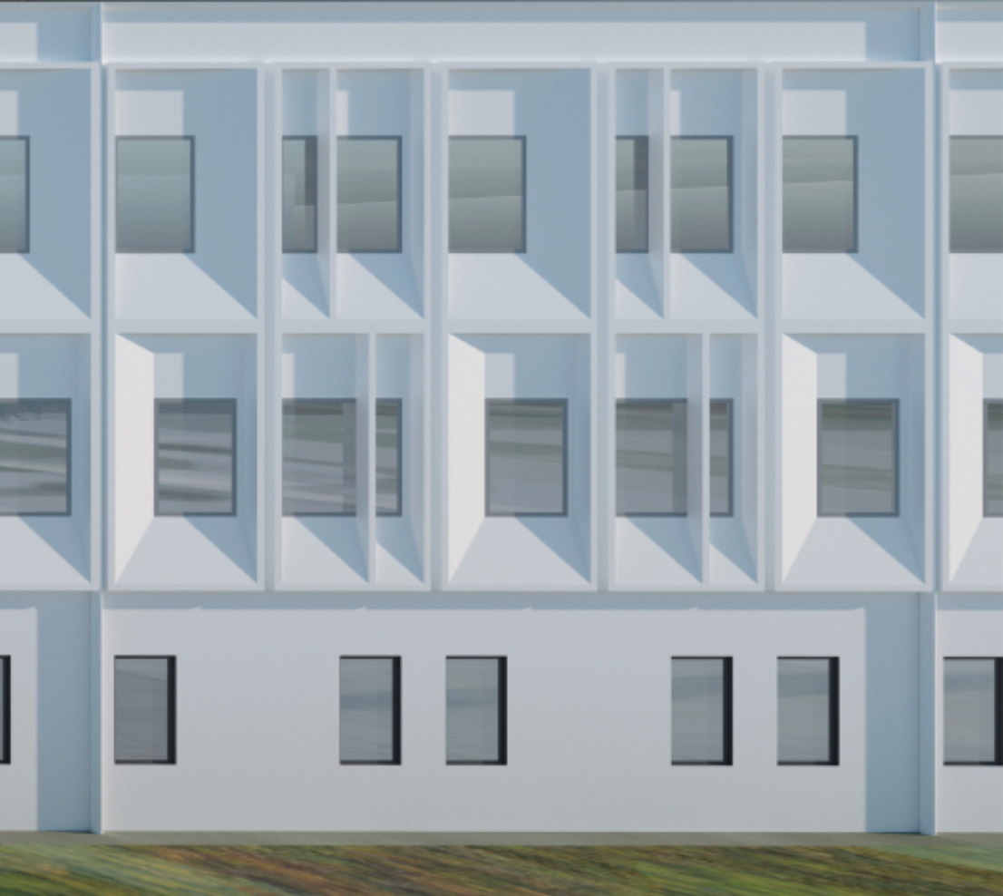 Skiss på ett modertnhus. Detaljbild