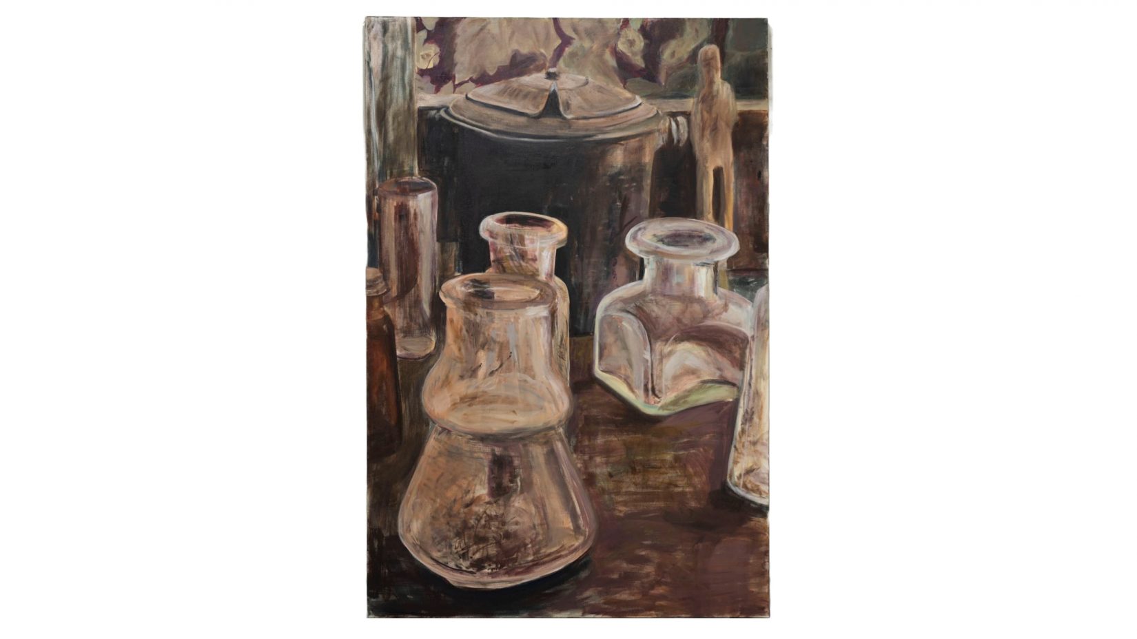 målning. skildrar glasflaskor.