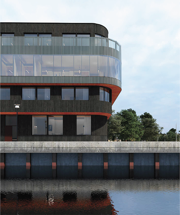 detalj av svart/röd husfasad med glaspartier