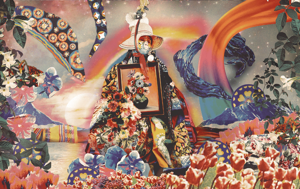 En målning av en kvinna omgiven av blommor