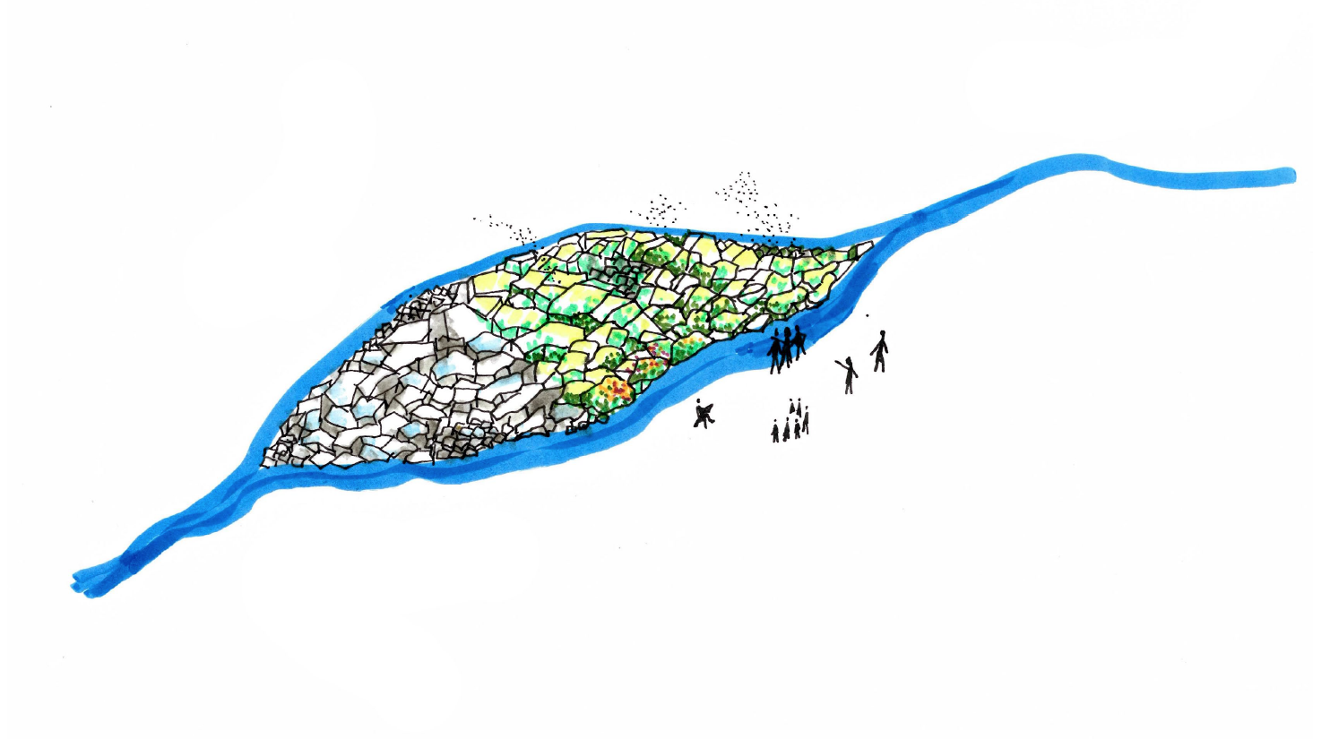Illustration av en ö i mitten av ett vattendrag