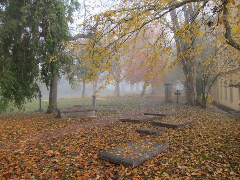 En dimmig höstdag på Gamla kyrkogården i Kalmar. Gula löv ligger spridda över gravstenarna. Pia Sandström, Minnet Orden Marken…