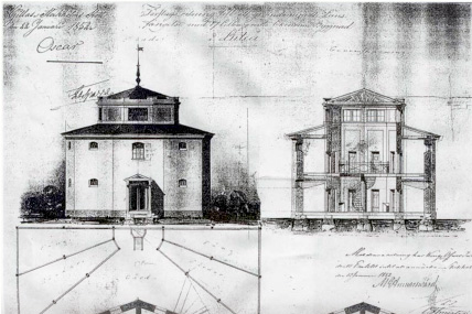 Gammaldags ritning av en byggnad i svartvitt.