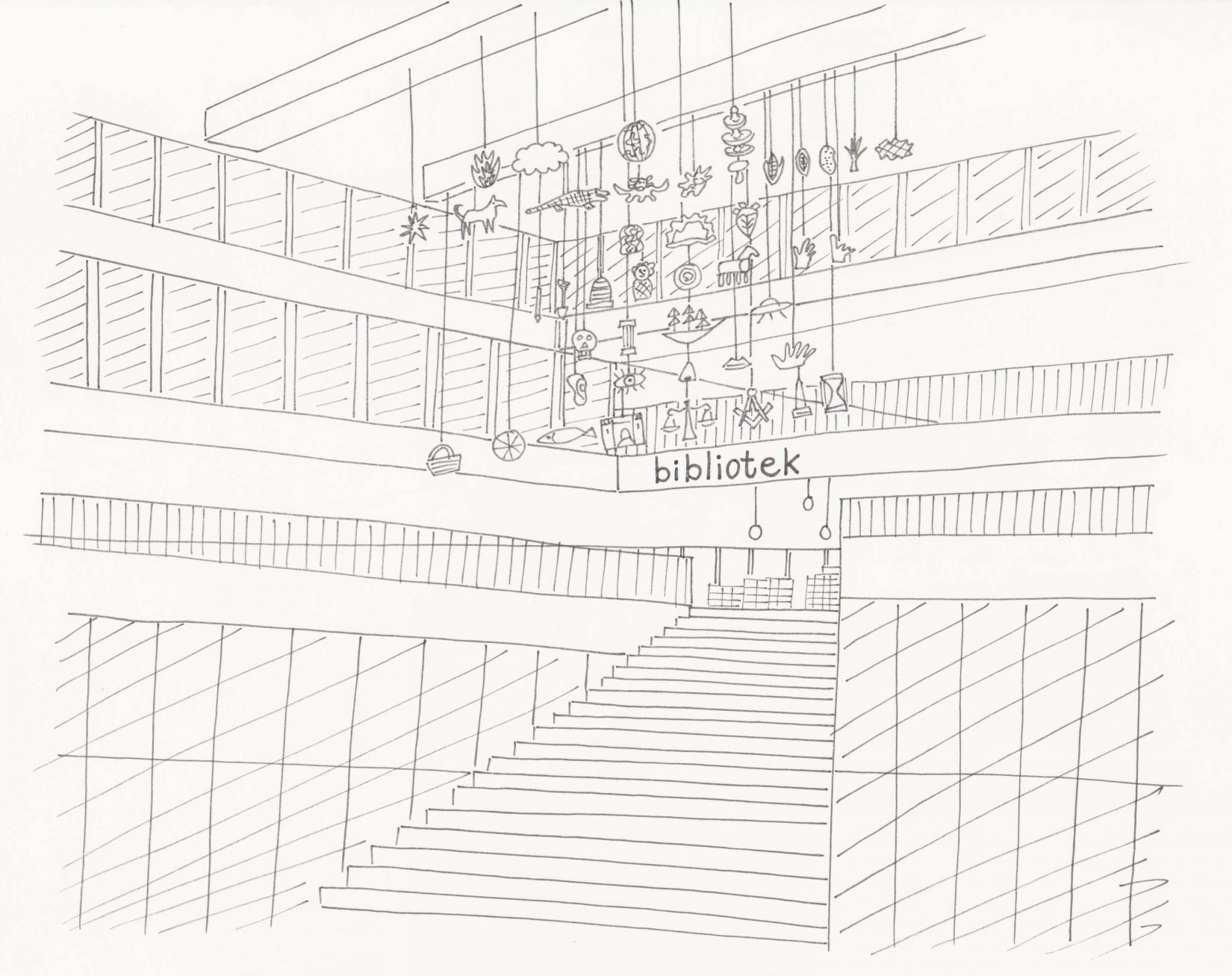 Svartvit illustration av bred trappa i en offentlig byggnad. I taket hänger en mobil på olika objekt.