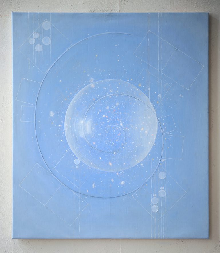 En ljusblå målning. I mitten en stor bubbla. En linje ringlar genom målningen.