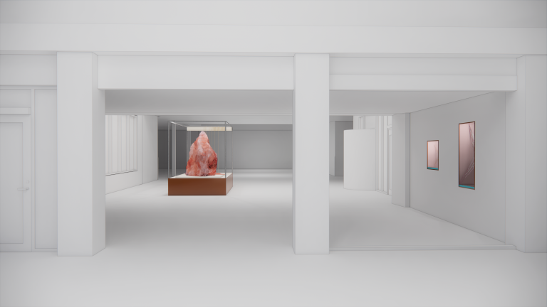 I ett rum finns inbyggda kabinett och en monter med en rosa, knoppformad, sten.