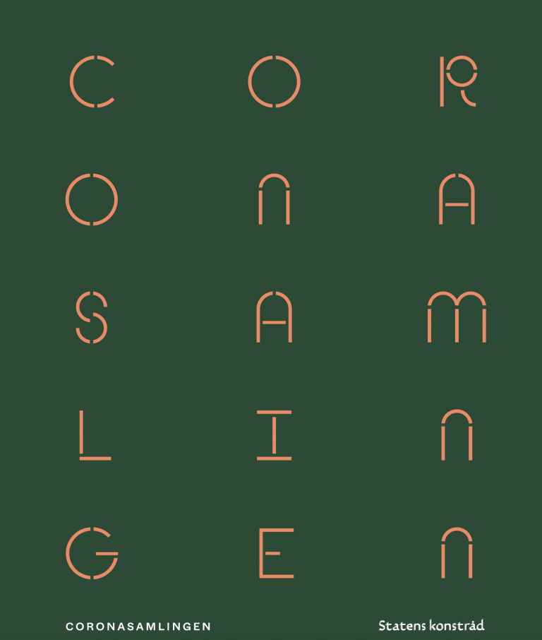 Grafiskbild på bokomslaget till boken Coronasamlingen. Omslaget har en grön bakgrund med röda grafiska bokstäver bokstäver.
