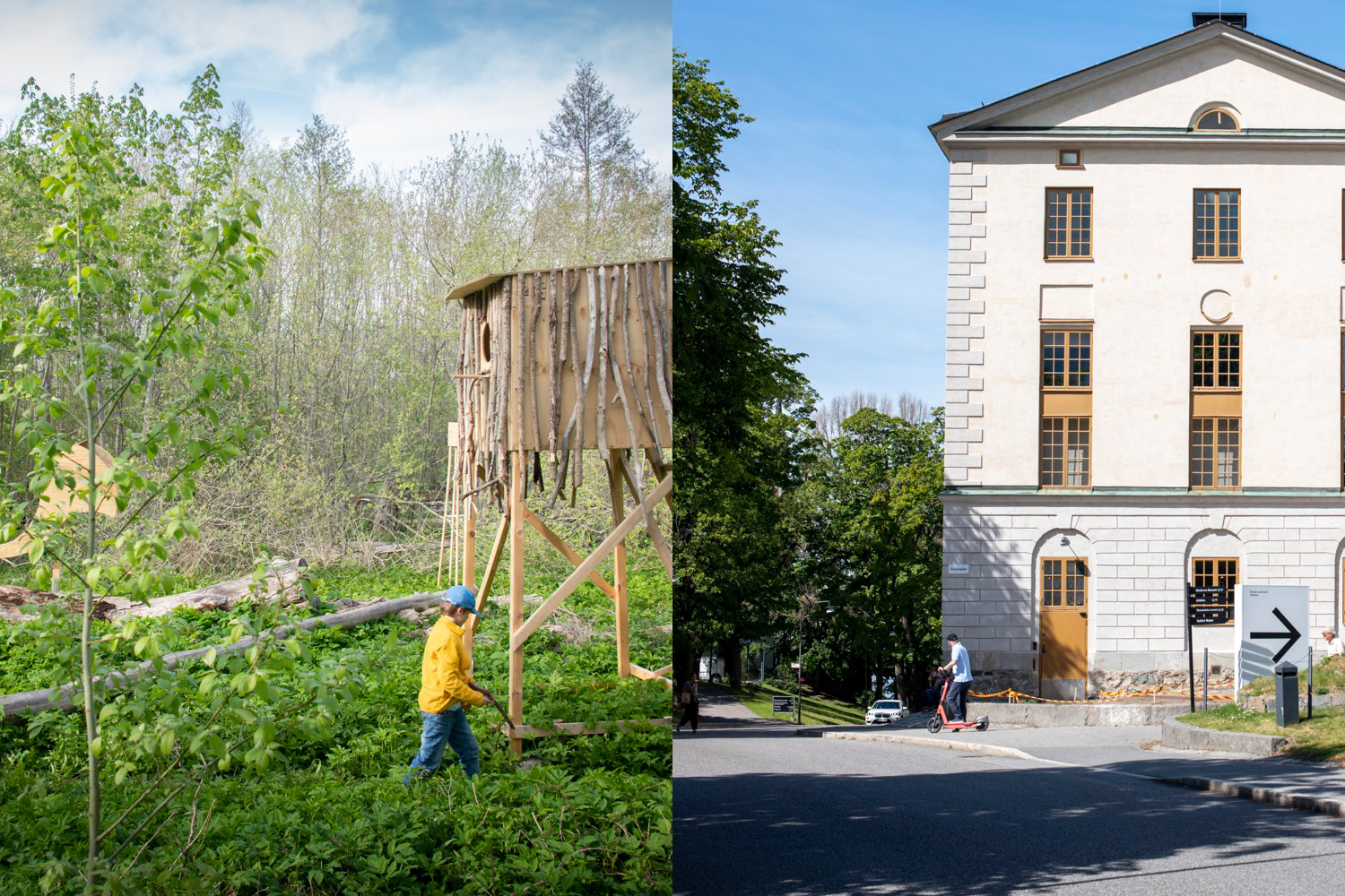 Två delad bild. Bild på skog och trähus. Byggnad på Skeppsholmen.